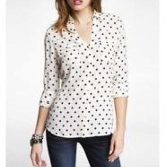 Express Polka Dot Convertible Sleeve Portofino Shirt Black & White - Picture 1 of 7